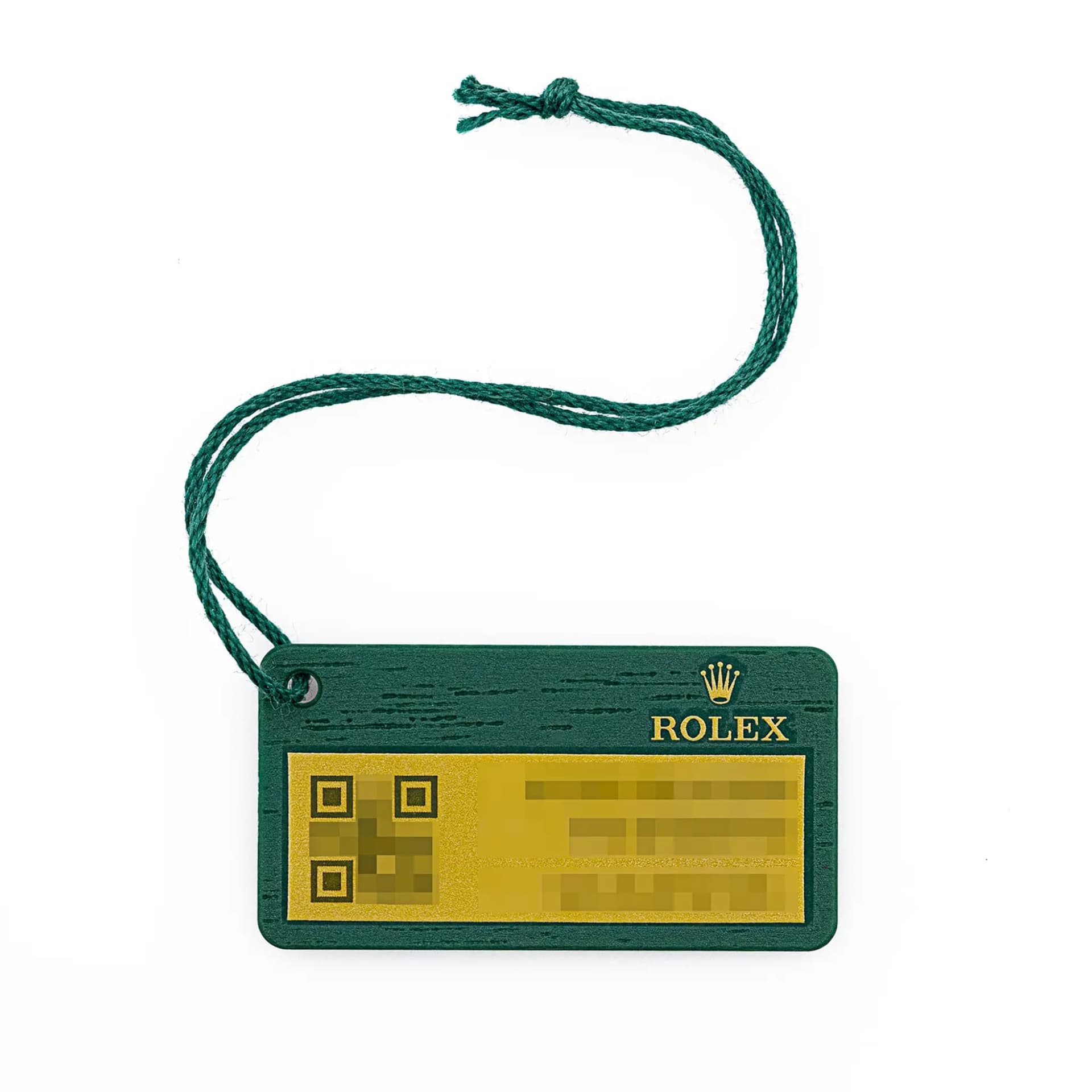 New 2026 Rolex green hang tag with wood-grain finish frontal