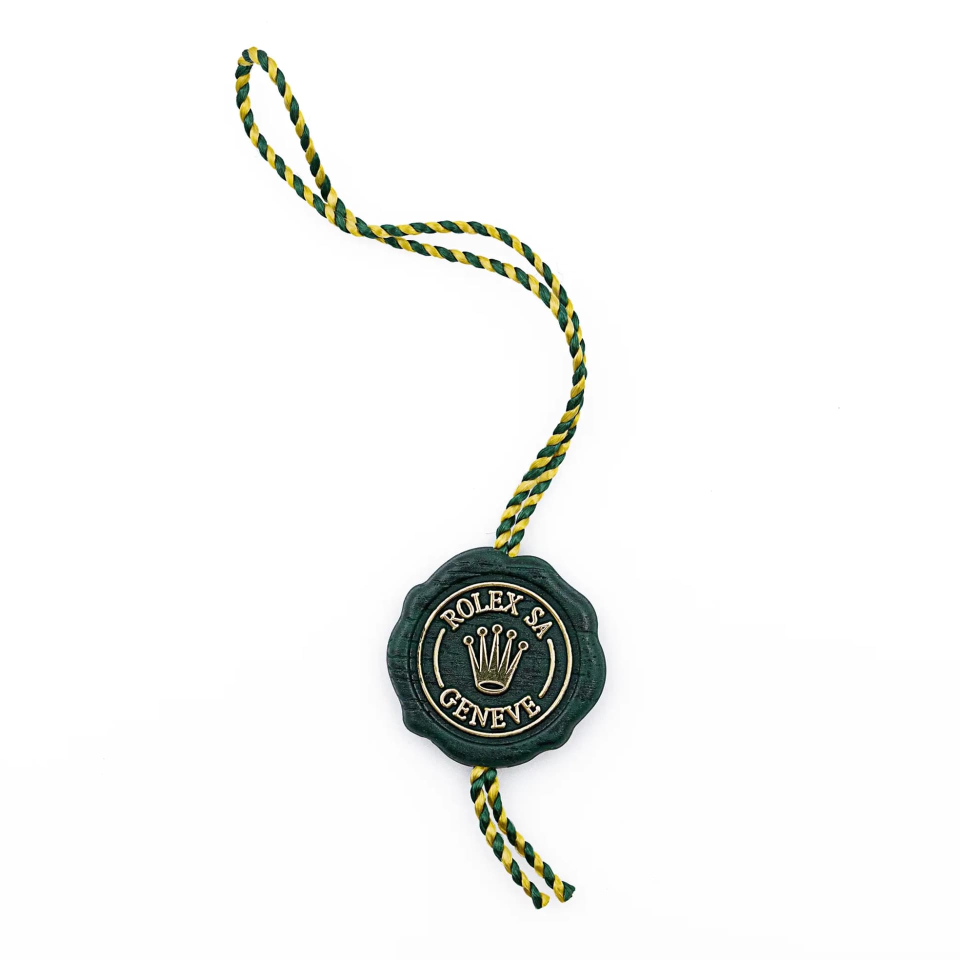 Updated Superlative Chronometer seal, wood-grain green, on its green and yellow cord.