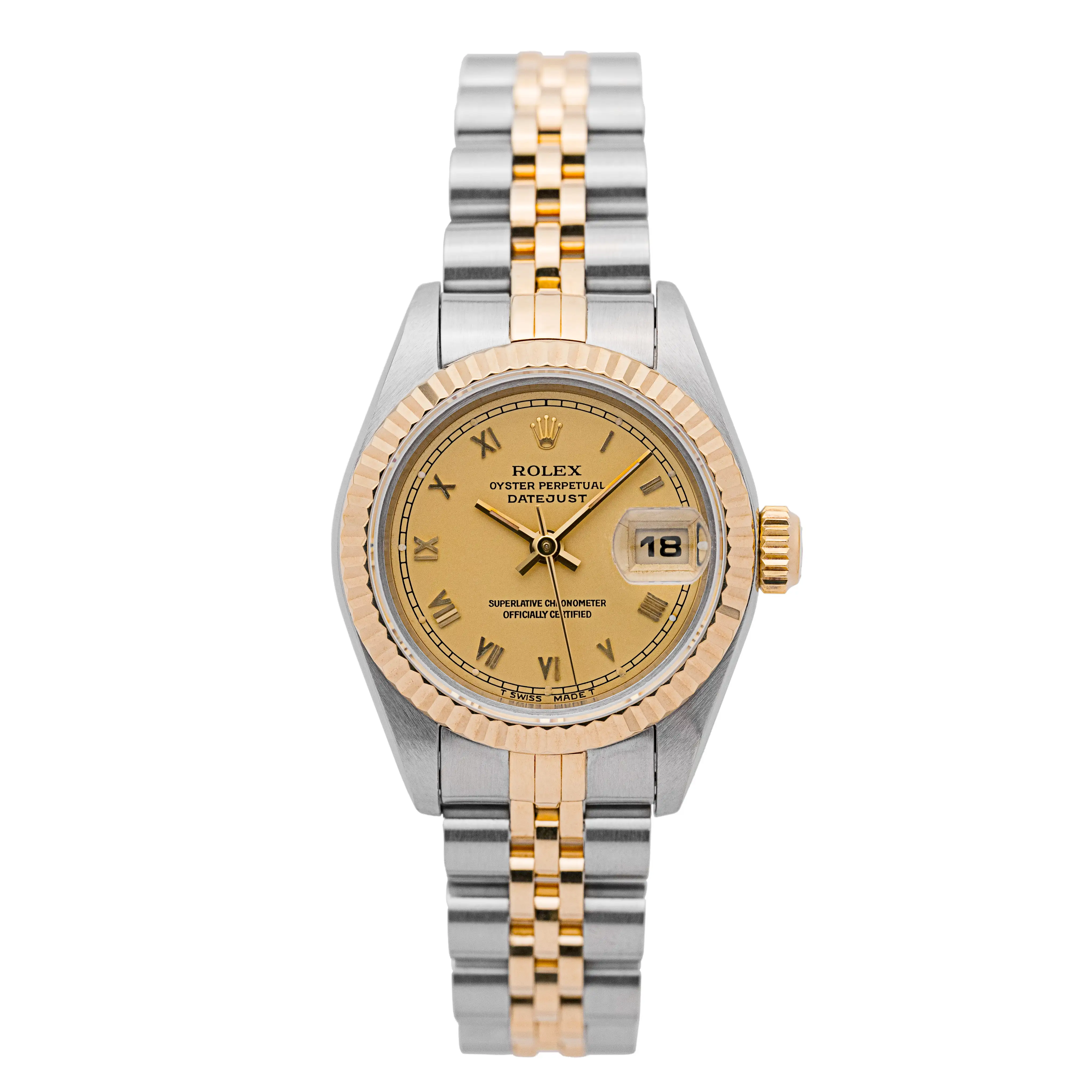 Rolex Lady-Datejust 69173 on white background, showing champagne Roman dial, fluted bezel, and two-tone Jubilee bracelet.