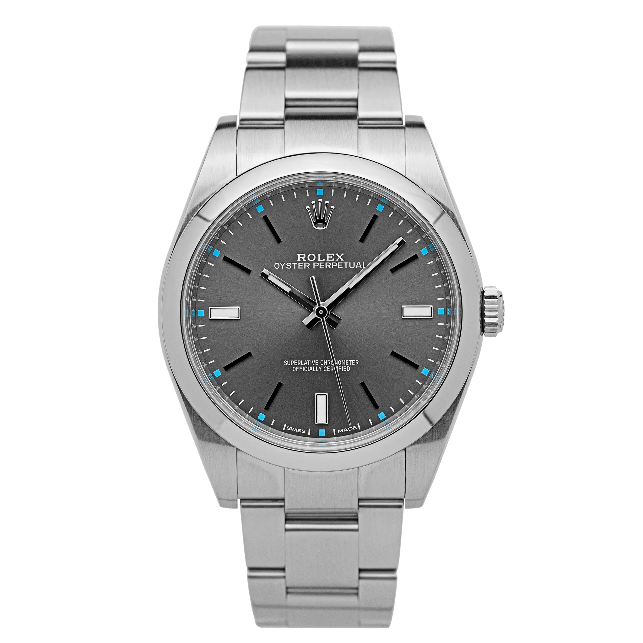 Rolex Oyster Perpetual 39 (114300) on white background, showing the rhodium dial with blue accents, steel case, and Oyster bracelet.