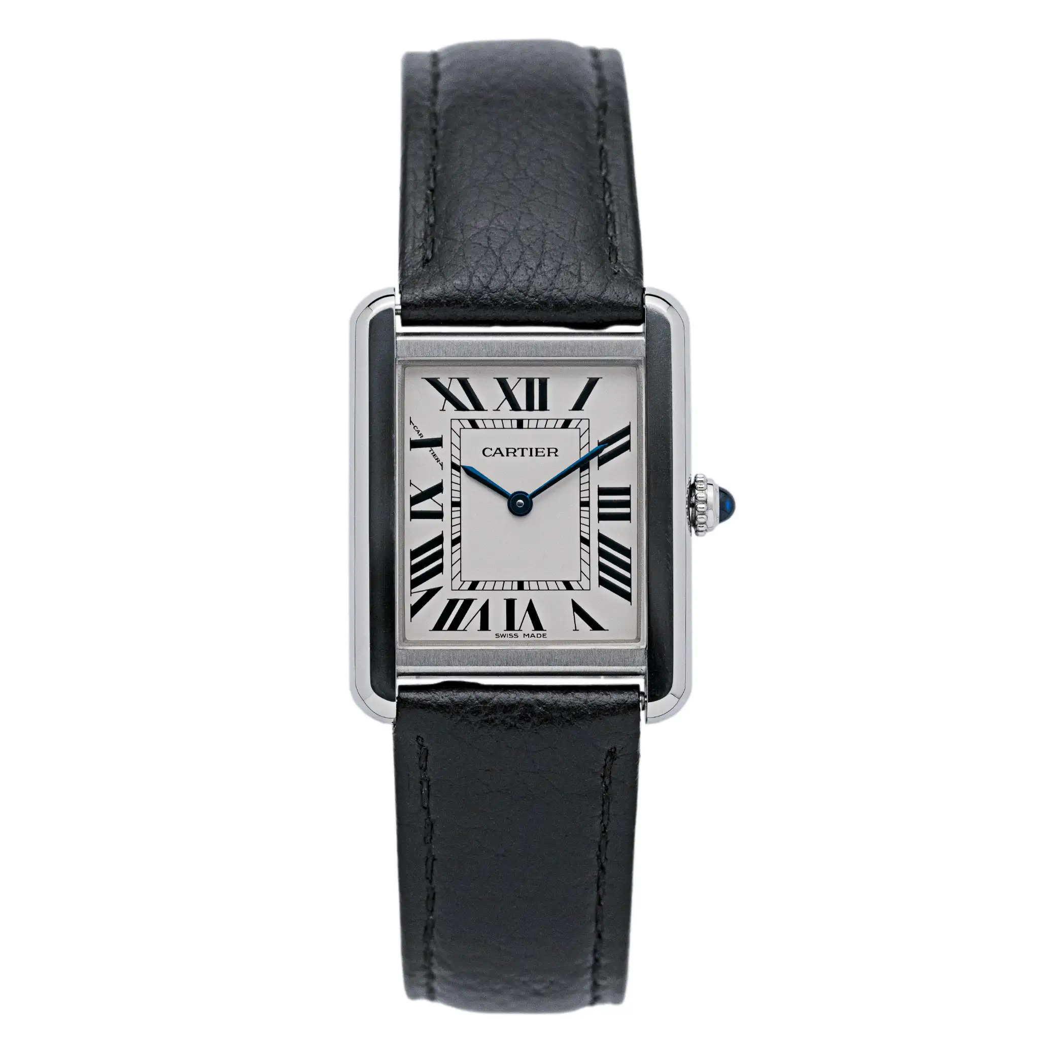 Cartier Tank Solo 3170 on white background, showing the steel case, silver Roman dial, blued hands, and black leather strap.