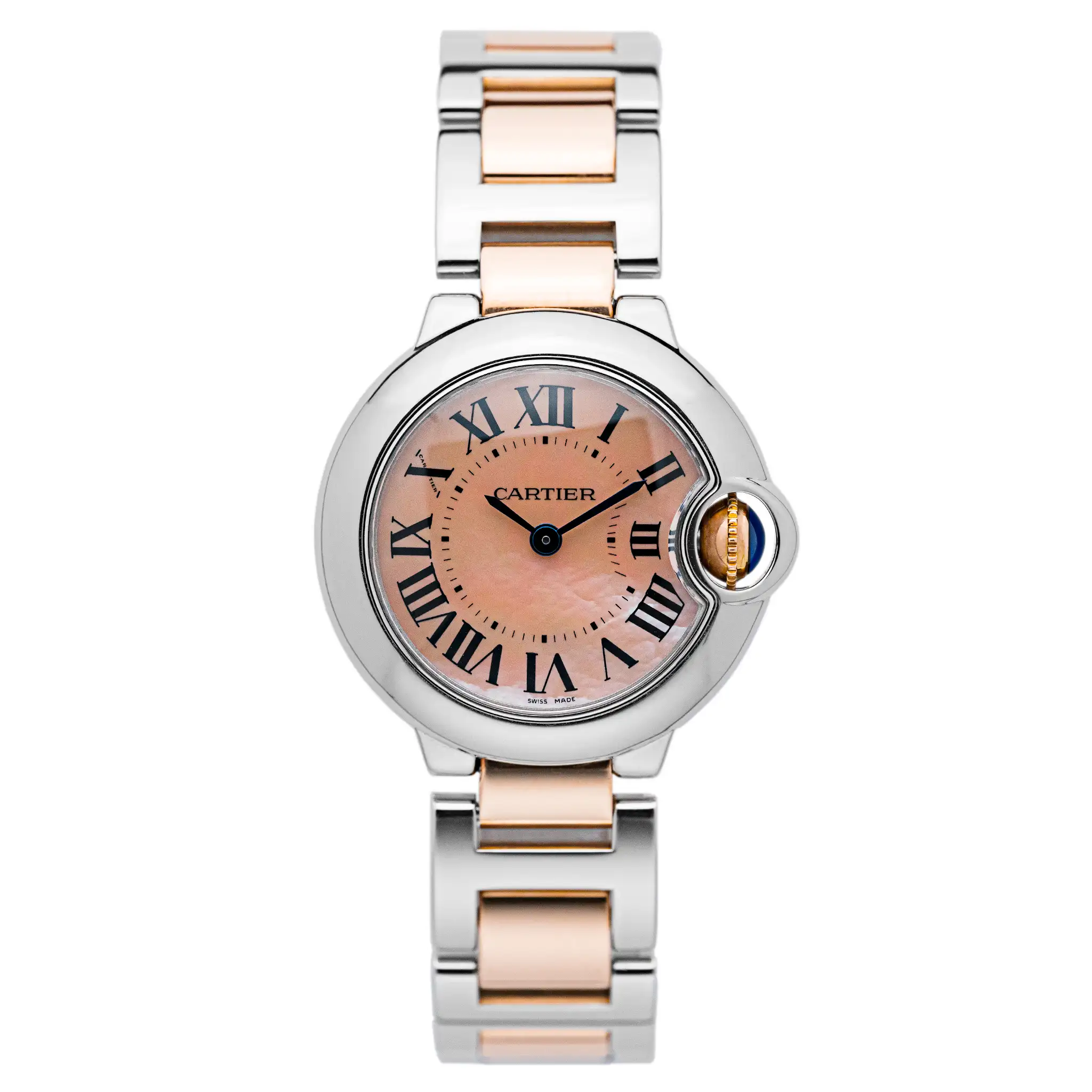 Cartier Ballon Bleu 3009 on white background, showing the 28mm steel case, pink mother-of-pearl dial, and two-tone bracelet.