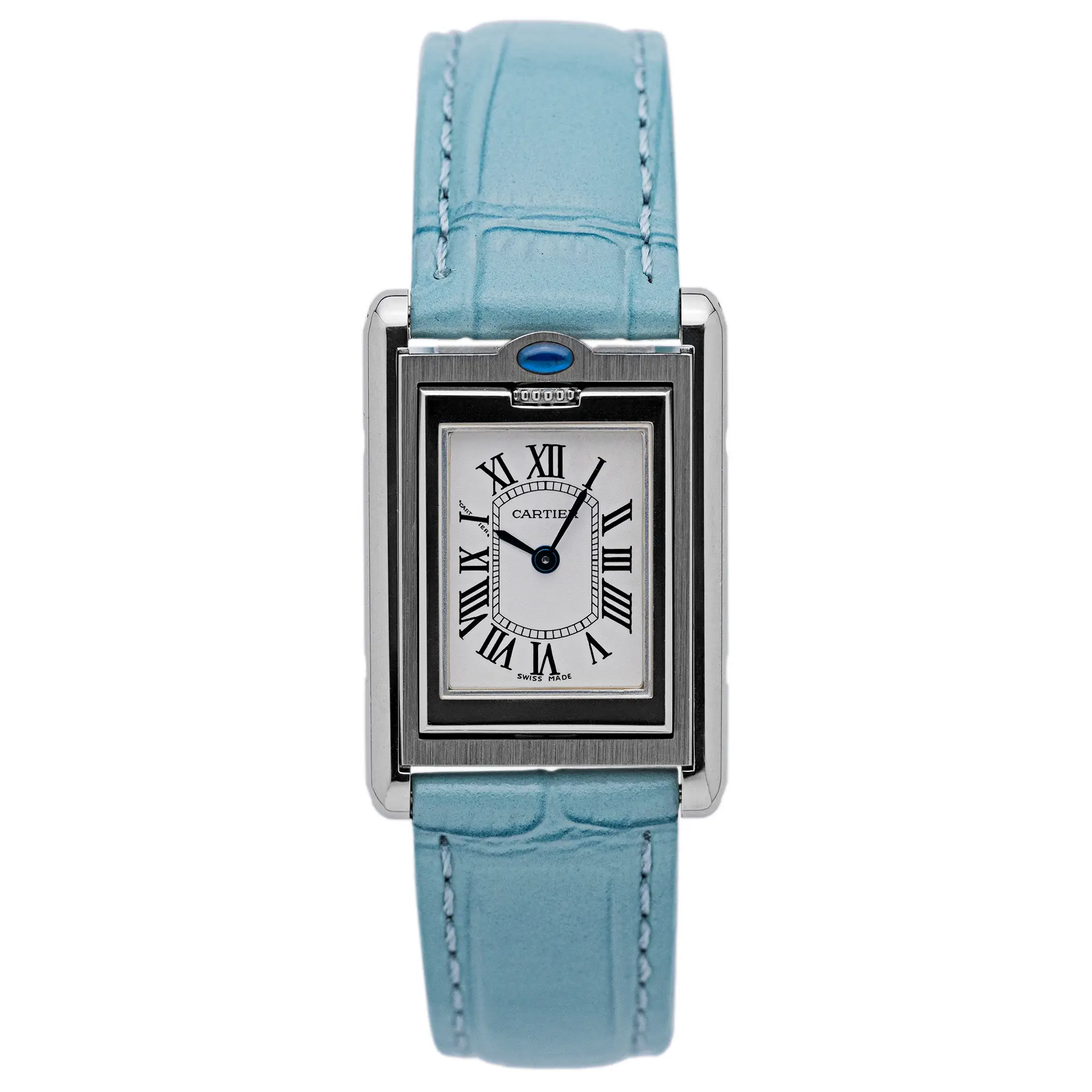 Cartier Tank Basculante 2386 on white background, showing the rotating case, silver Roman dial, and light blue strap.
