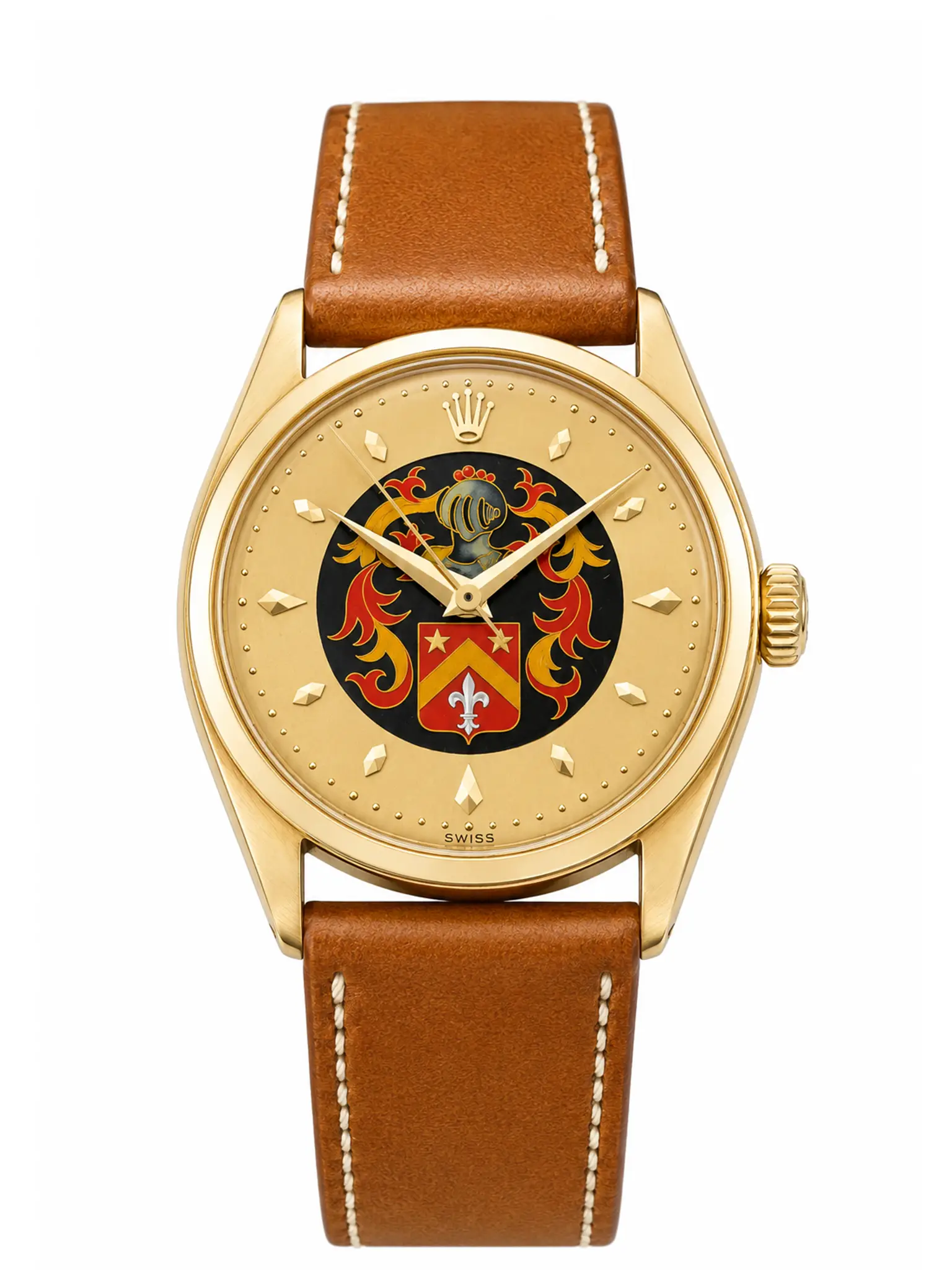 Vintage Rolex cloisonné enamel dials with hand-painted scenes, 5029-5028, 8382, 6100 references from left to right